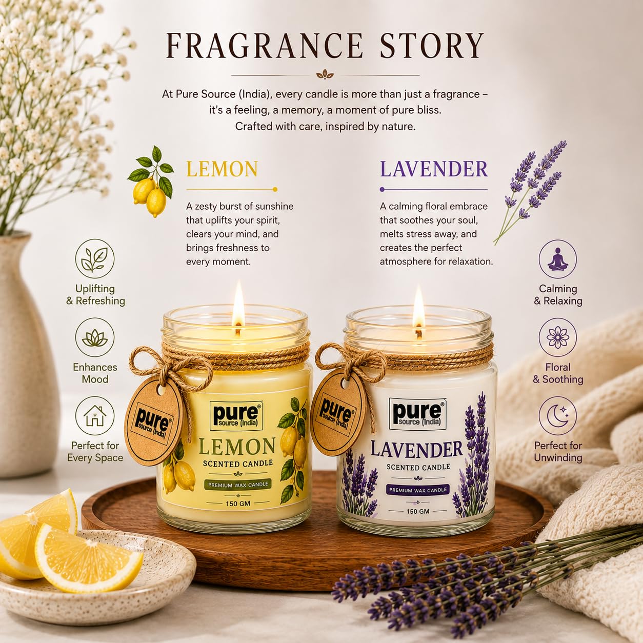 Pure Source India Scented Jar Candle Set of 2 (Lemon & Lavender) | 150 g Each | Premium Wax Candles | 35–40 Hours Burn Time | Aromatherapy Candles for Home Decor, Diwali, Bedroom, Spa & Gifting