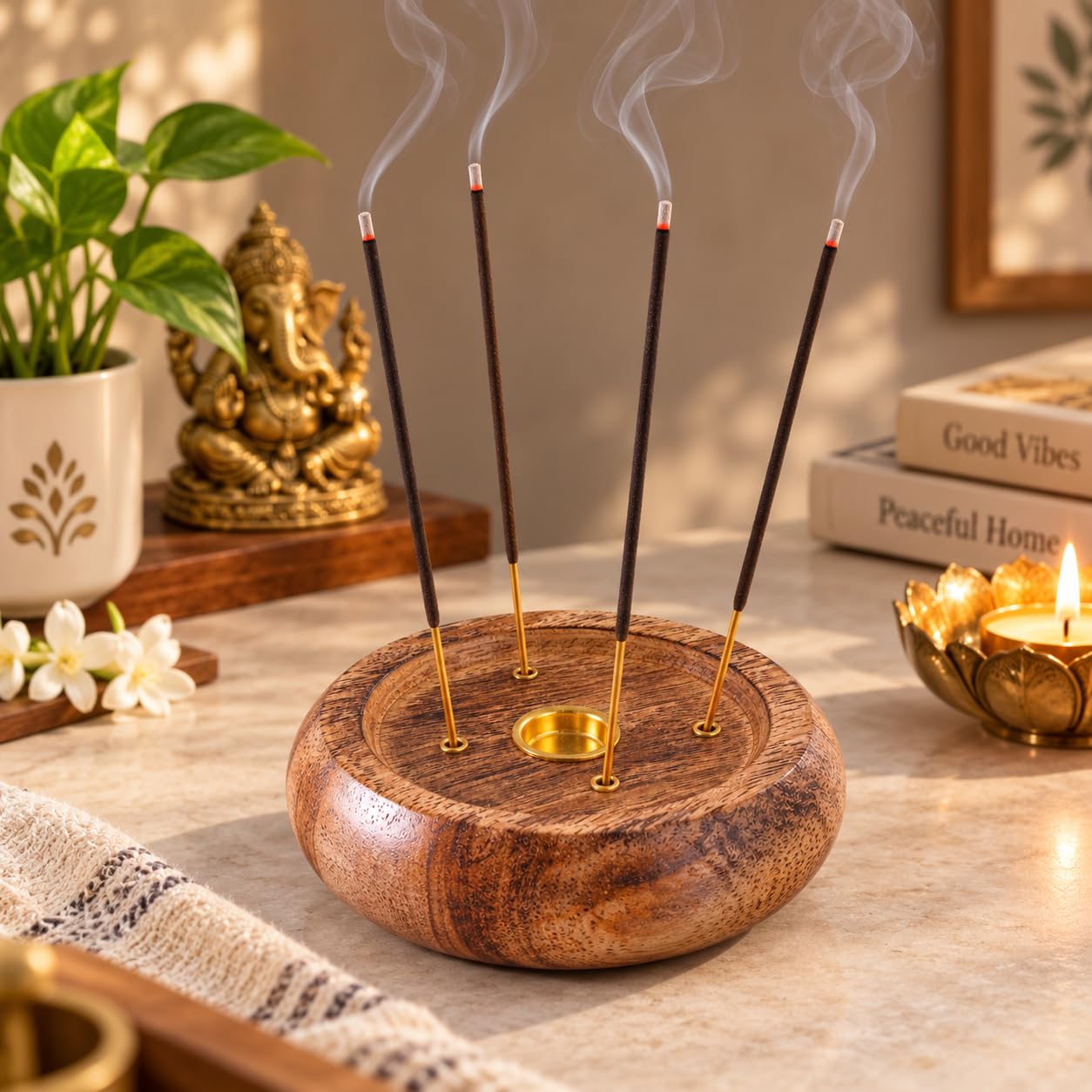 Pure Source India Wooden Incense Stick & Dhoop Cone Holder with 4 Holes |for Pooja Room Decor