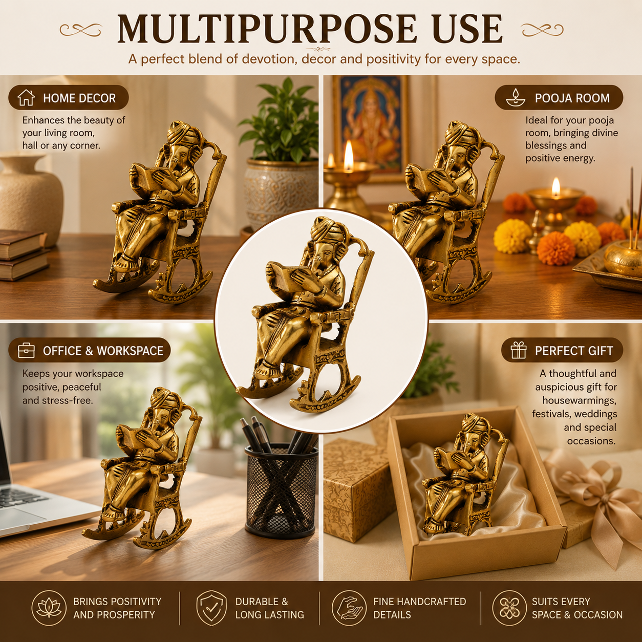 Pure Source India Pure Brass Lord Ganesh Statue (6 Inch) Sitting on Chair Idol for Home Office and Gifts Decor (1172 gm)