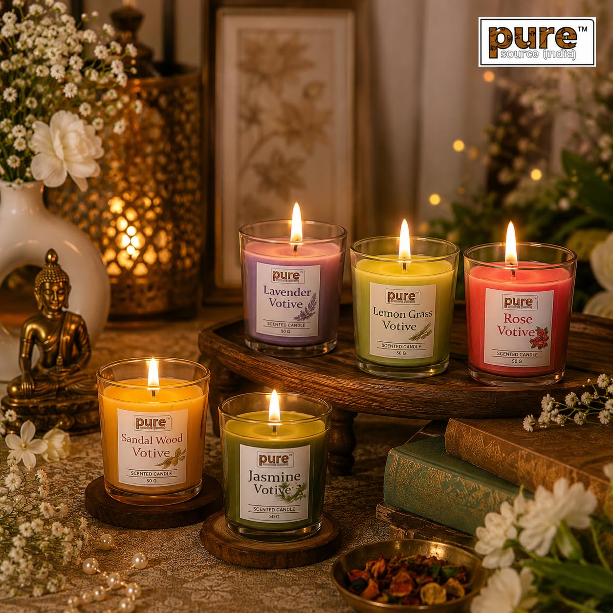 Pure Source India Premium Scented Candle Gift Box Set of 6 (50g Each) | for Home Décor, Diwali, Bedroom, Spa, Meditation & Gifting (Lemongrass, Lavender & Rose)