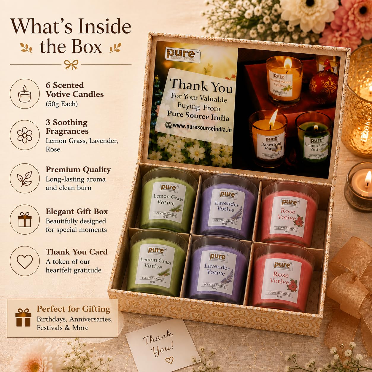Pure Source India Premium Scented Candle Gift Box Set of 6 (50g Each) | for Home Décor, Diwali, Bedroom, Spa, Meditation & Gifting (Lemongrass, Lavender & Rose)
