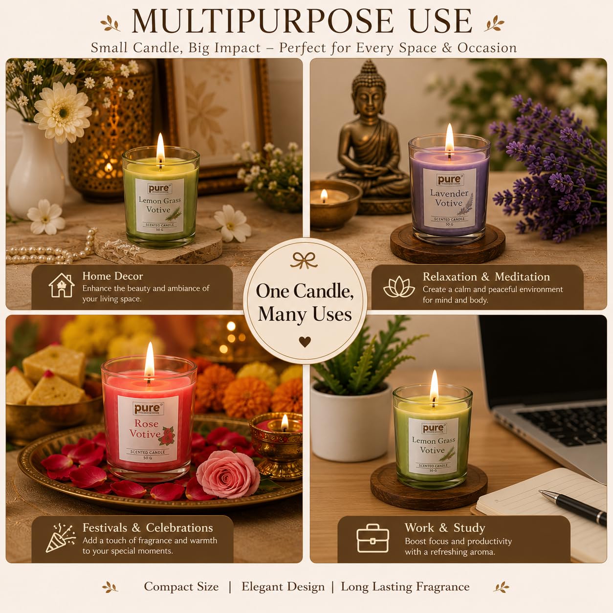 Pure Source India Premium Scented Candle Gift Box Set of 6 (50g Each) | for Home Décor, Diwali, Bedroom, Spa, Meditation & Gifting (Lemongrass, Lavender & Rose)