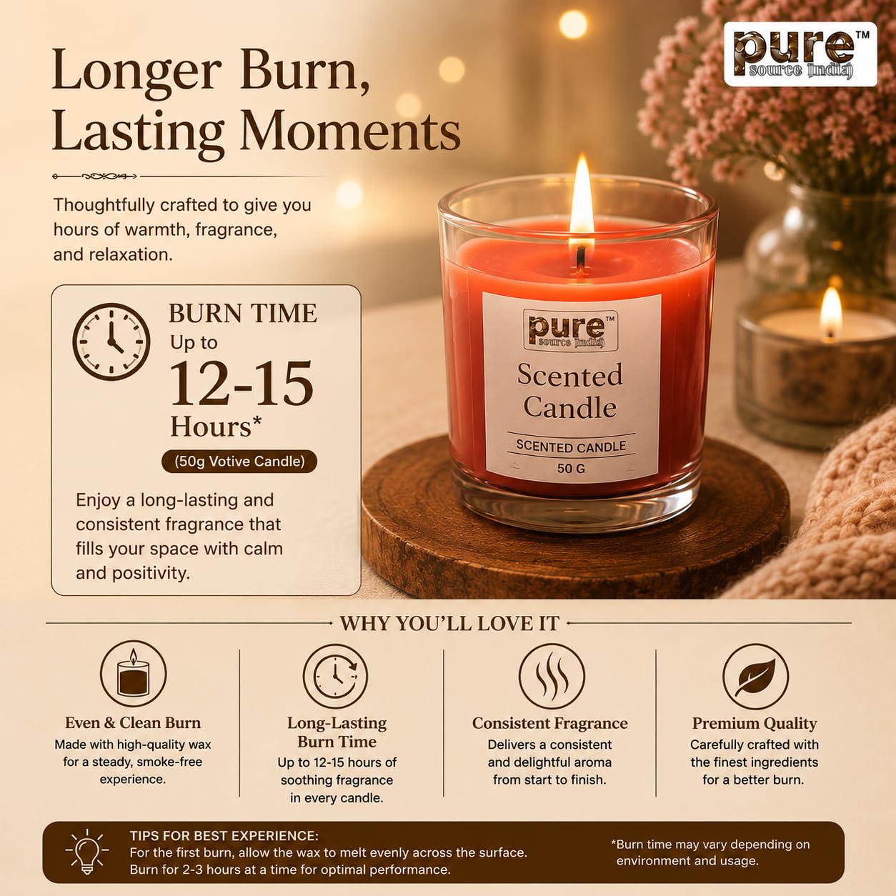 Pure Source India Premium Scented Candle Gift Box Set of 6 (50g Each) | for Home Décor, Diwali, Bedroom, Spa, Meditation & Gifting (Lemongrass, Lavender & Rose)