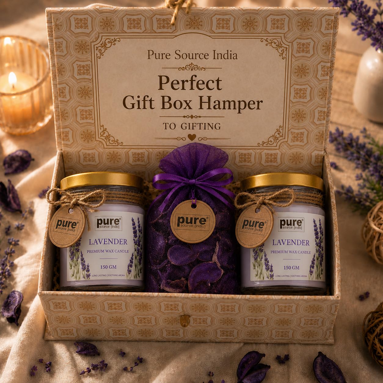 Pure Source India Luxury Festive Gift Box Hamper with Lavender Scented Candles & Purple Potpourri| Premium Gift Set
