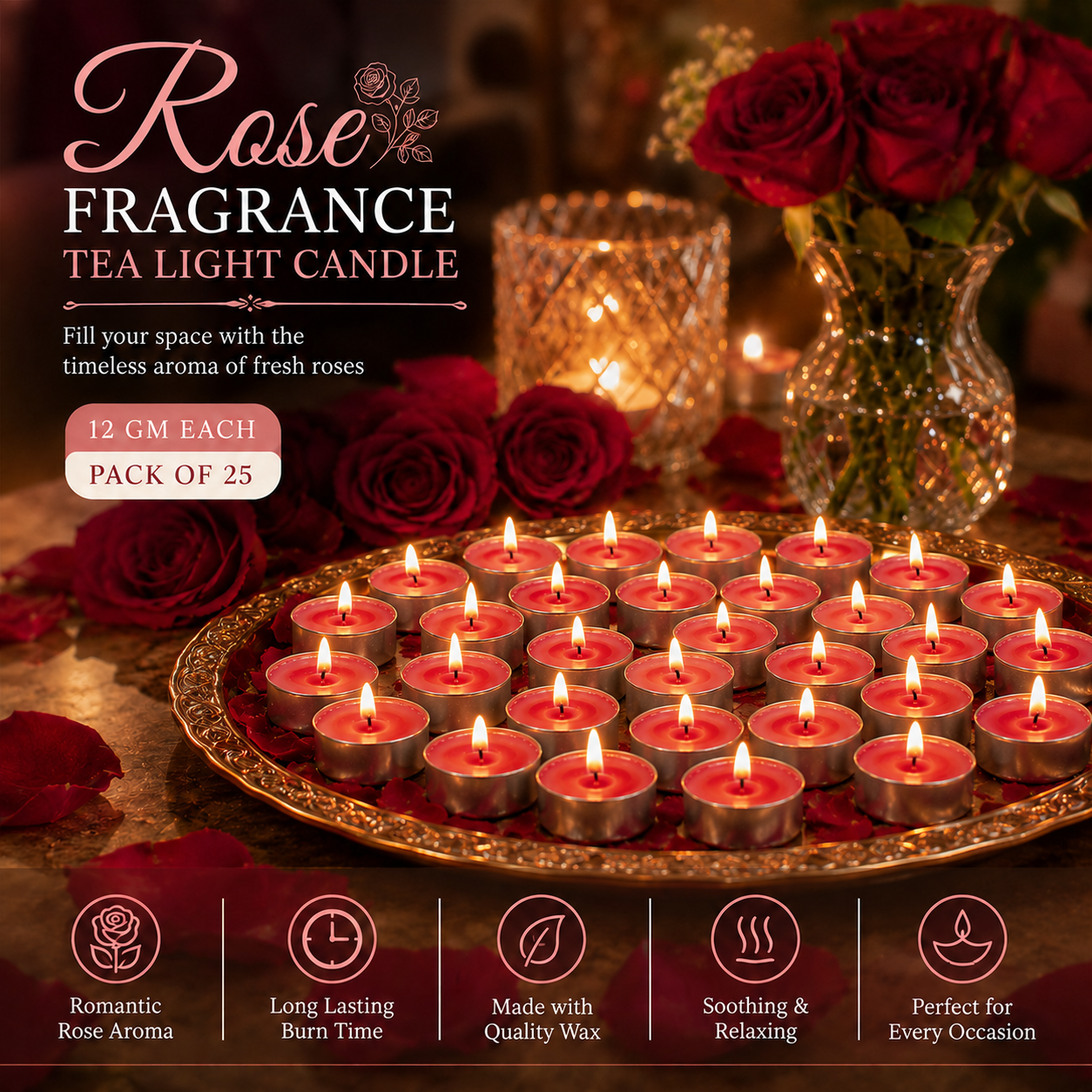 Pure Source India Scented Rose Tea Light Candles Pack of 25 | Fragrance Tealights for Home Decor, Meditation, Pooja, Diwali, Parties & Aromatherapy | Long-Lasting Decorative Candles
