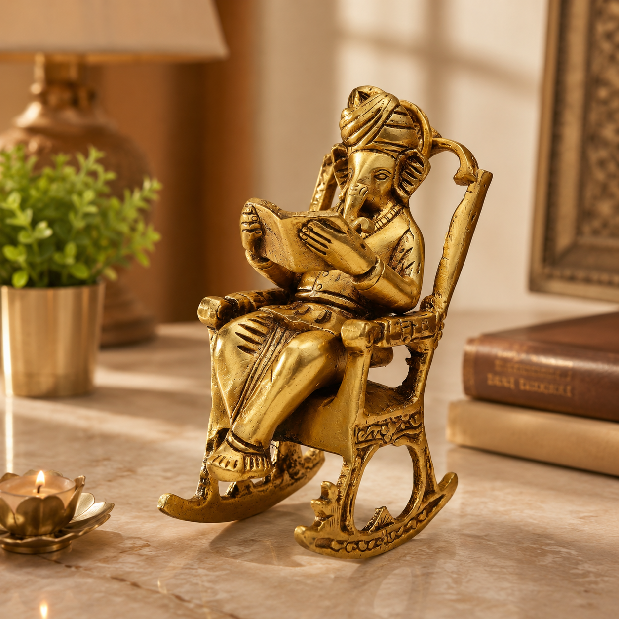 Pure Source India Pure Brass Lord Ganesh Statue (6 Inch) Sitting on Chair Idol for Home Office and Gifts Decor (1172 gm)