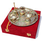 Flower Embossed Colourful Meenakari Decorated Premium Brass Pooja Thali Set with Red Velvet Box, Festival Religious Return Gift Item