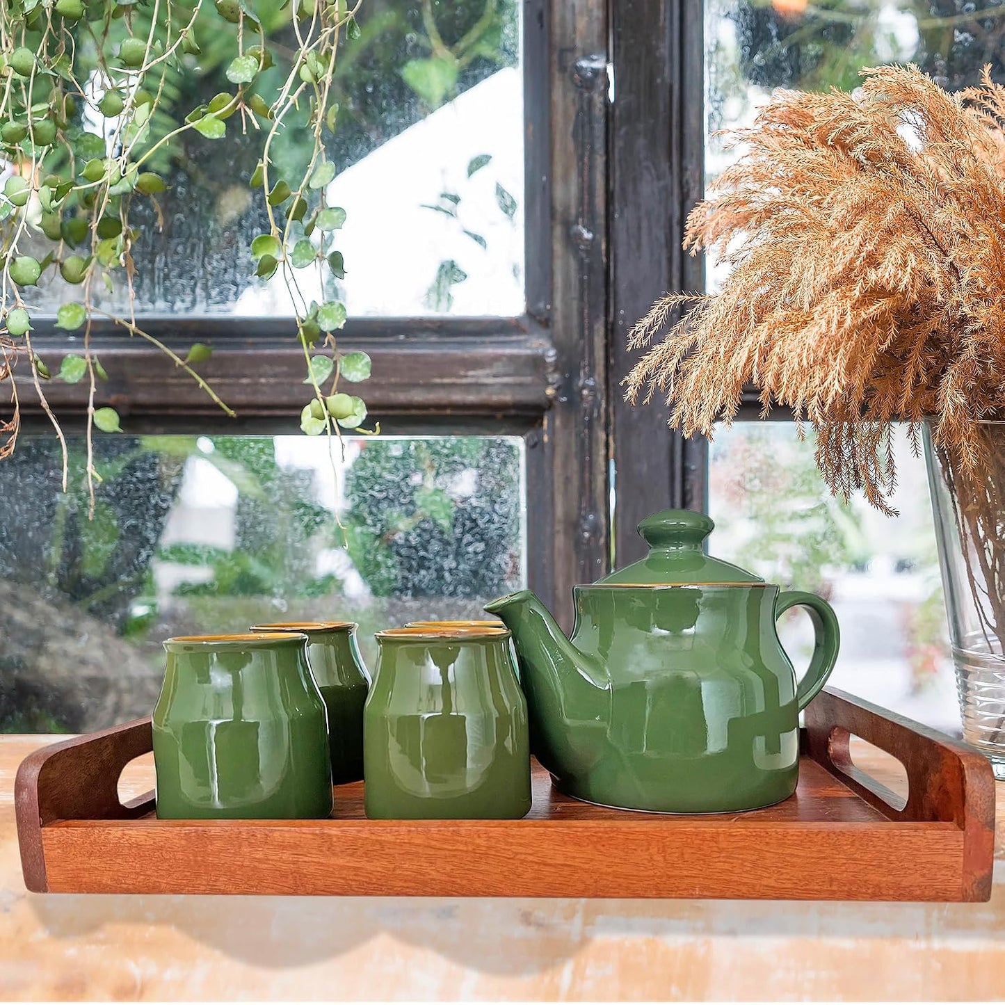 Pure Source India Ceramic Tea Cup Set with Kettle & Serving Tray | 4 Cups 200ml + 700ml Teapot + Tray | 6 Piece Tea Set for Gifting & Daily Use