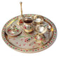 Flower Embossed Colourful Meenakari Decorated Premium Brass Pooja Thali Set with Red Velvet Box, Festival Religious Return Gift Item