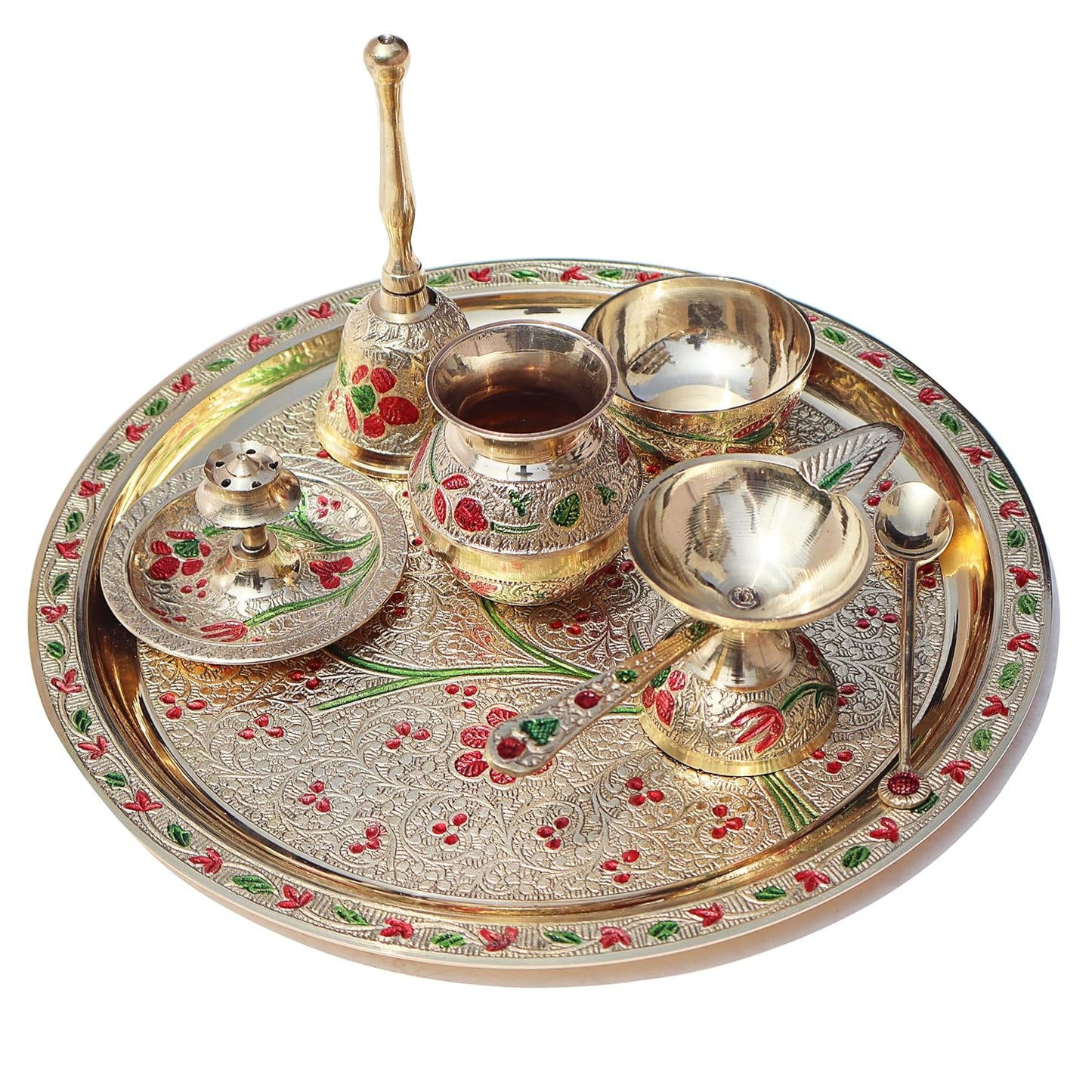 Flower Embossed Colourful Meenakari Decorated Premium Brass Pooja Thali Set with Red Velvet Box, Festival Religious Return Gift Item