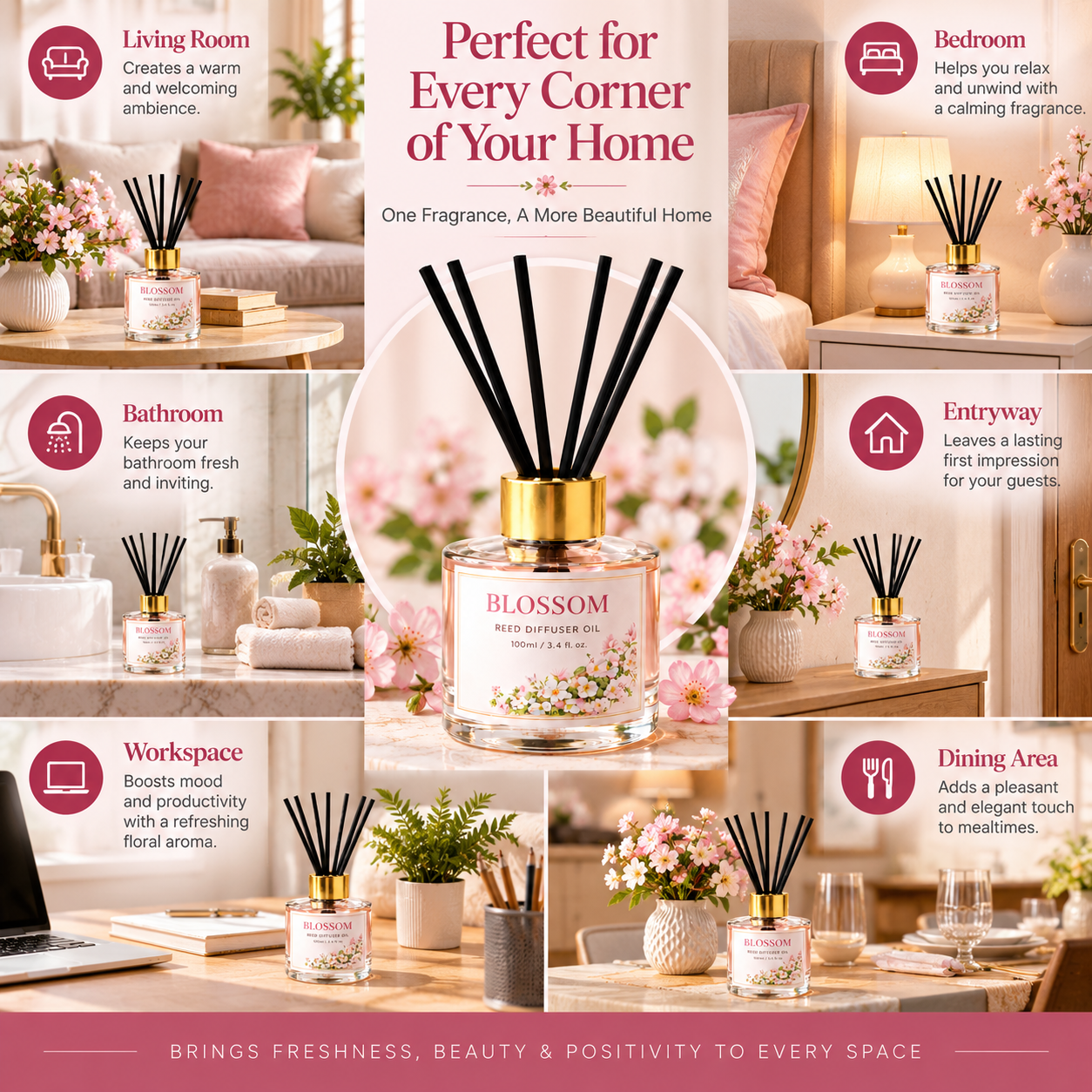 Pure Source India Blossom Reed Diffuser Oil Set 100ml With  6 Rattan Reed Sticks – Premium Aromatherapy Home Fragrance with Glass Bottle |Air Freshener for Home, Bedroom & Office | Ideal for Gifting
