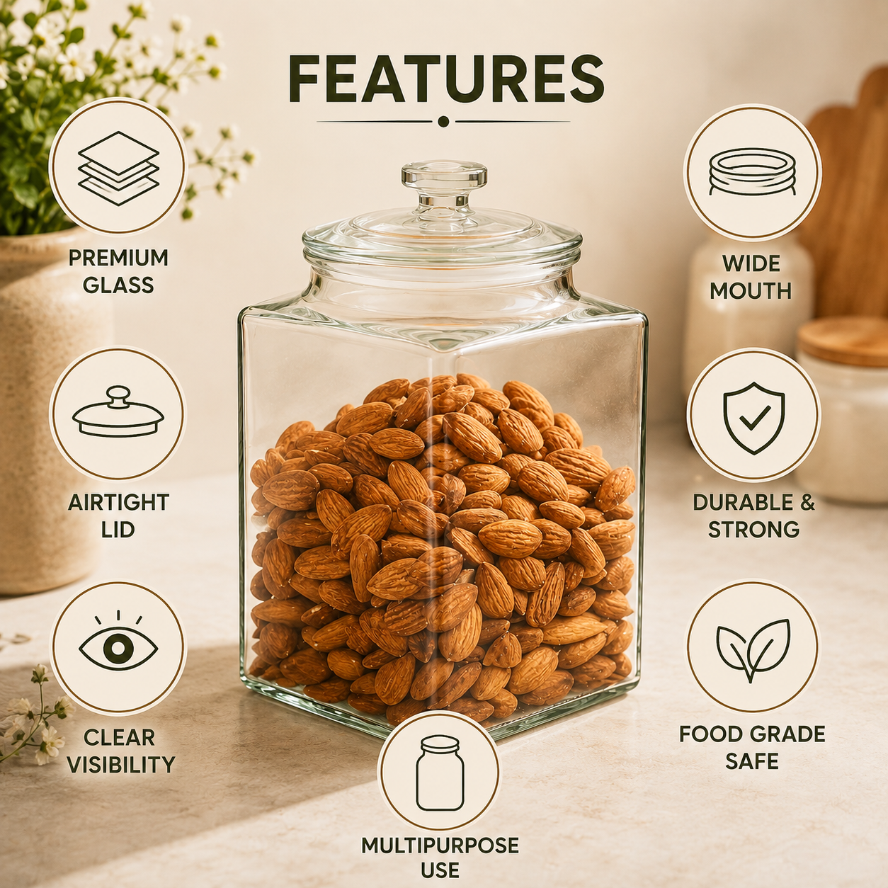 Pure Source India Square Shape 3L Glass Jar with Airtight Glass Lid For Pickle, Dry Fruit, Home Kitchen, Pantry Tea & Spice etc