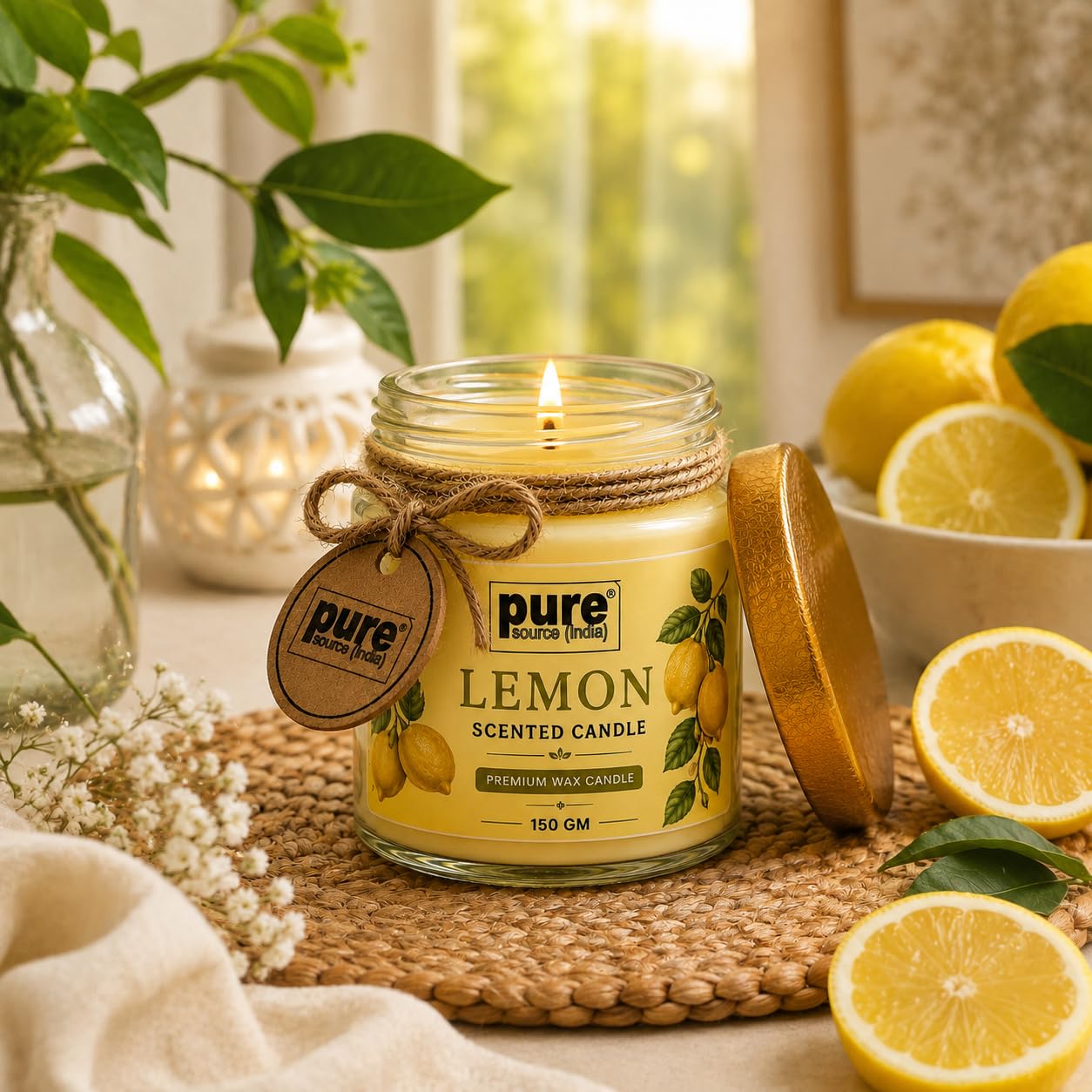 Pure Source India Lemon Scented Jar Candle | 150 GM | Premium Wax Candle | 35-40 Hours Burn Time | Aromatherapy Candle for Home Decor, Bedroom, Spa, Meditation & Gift