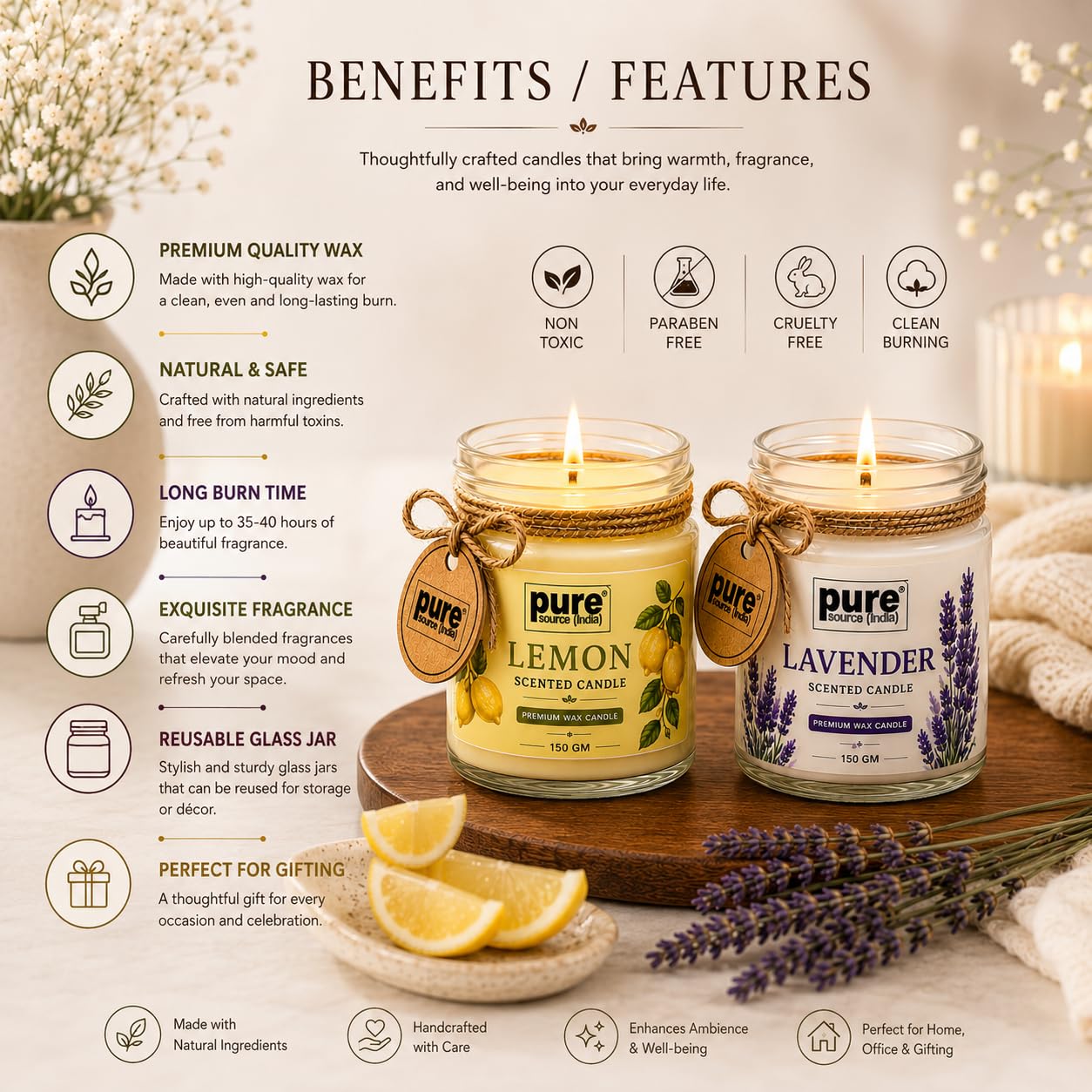 Pure Source India Scented Jar Candle Set of 2 (Lemon & Lavender) | 150 g Each | Premium Wax Candles | 35–40 Hours Burn Time | Aromatherapy Candles for Home Decor, Diwali, Bedroom, Spa & Gifting