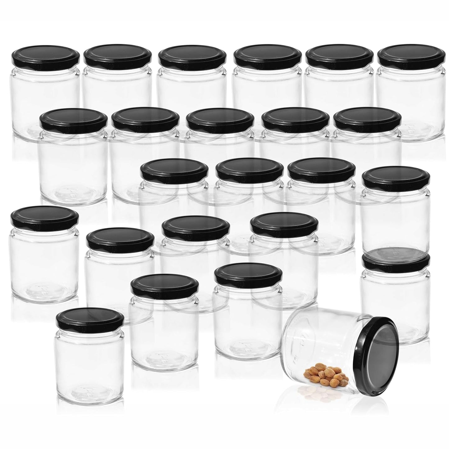 Pure Source India 50 g Crystal Clear Round Glass Jar with Black Cap, Set of 24 | Airtight Food-Grade Storage Container | Rust-Free Jar for Spices, Dry Fruits, Sugar, Tea, Coffee & Kitchen Storage
