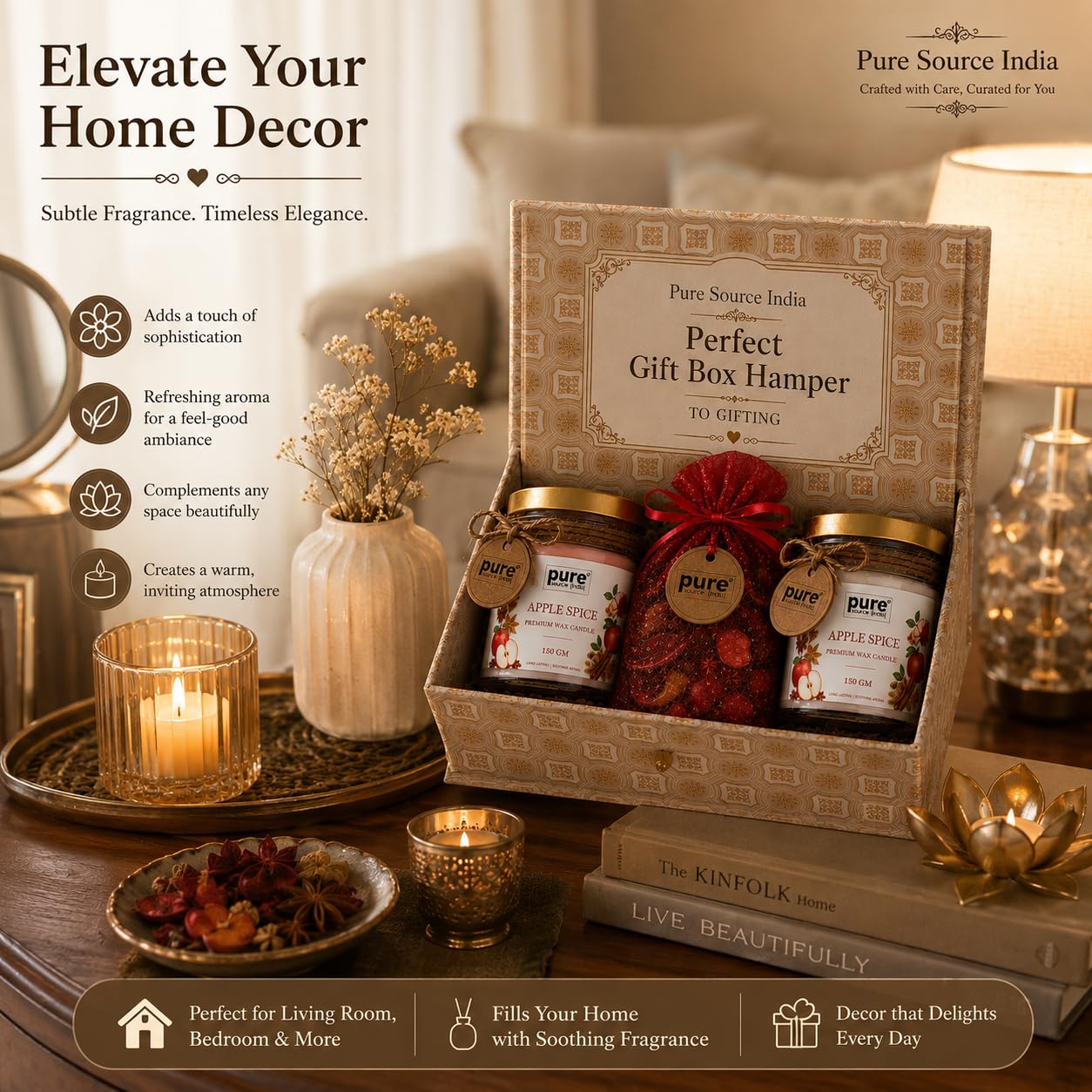 Pure Source India Luxury Festive Gift Box Hamper with Apple Spice Scented Candles & Red Potpourri