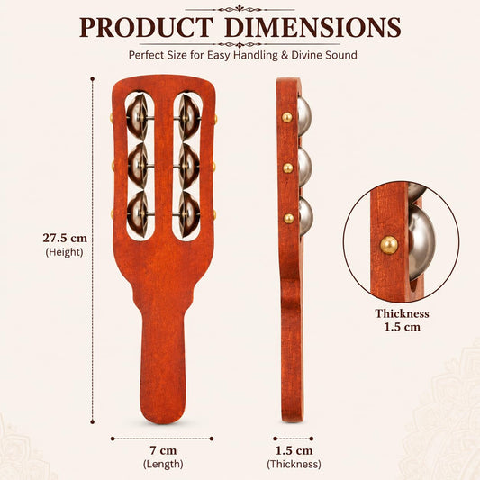 Pure Source India Wooden Kartal Handheld Jingle Bell Musical Instrument Pack of 2 | 6 Stainless Steel Bells | Traditional Rhythm Shaker for Bhajan, Kirtan, Pooja, Aarti, Music Class & Kids