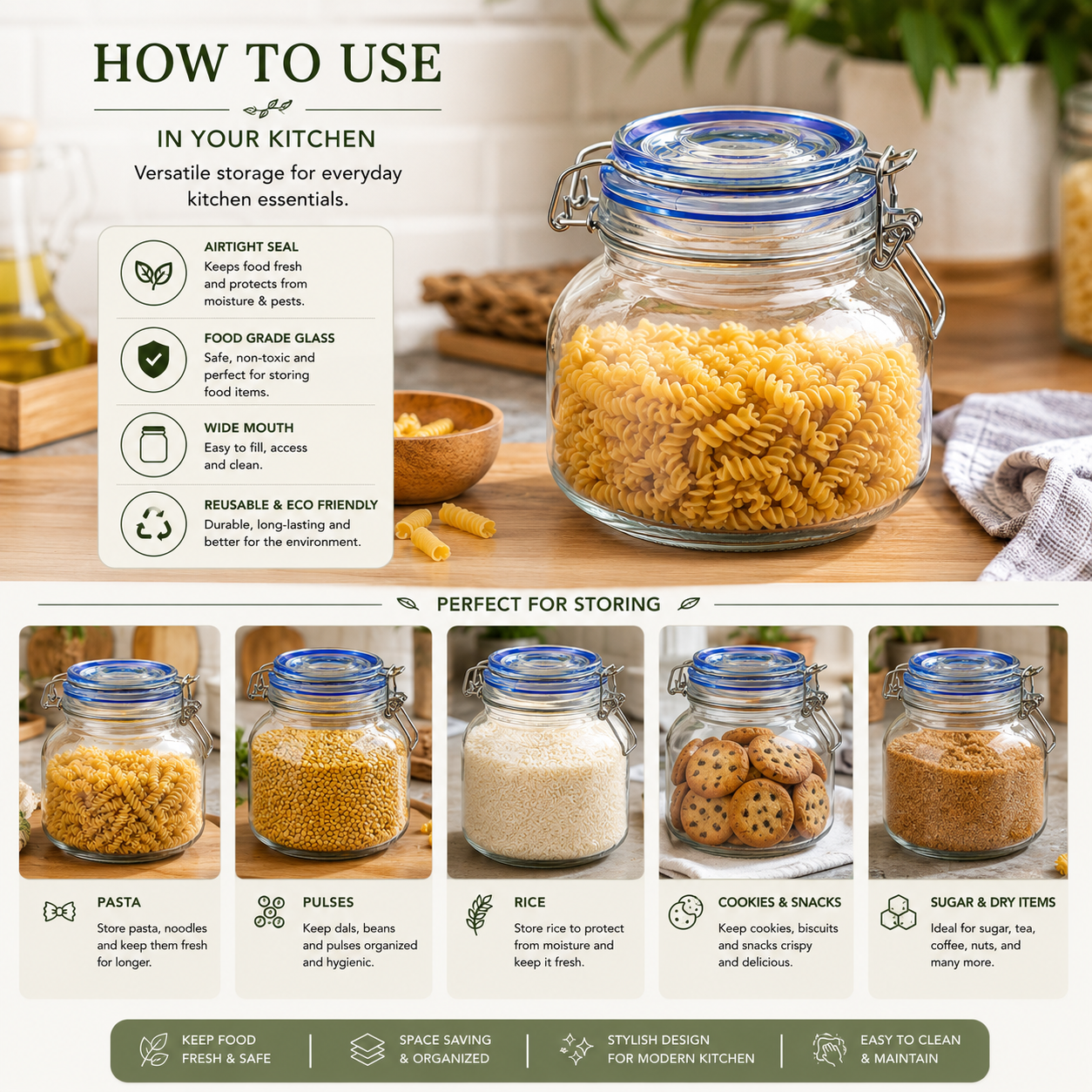 Pure Source India  750ml Stainless Steel Clamp Lid & Silicone Seal Kitchen Storage Air Tight Glass Jar, Clear