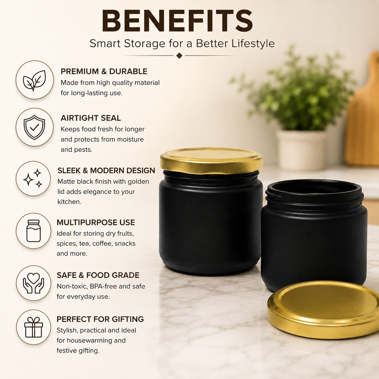 Black Colored Frosted Glass Jar Container with Airtight and Rust Resistance Metal Lid, 150 Gm