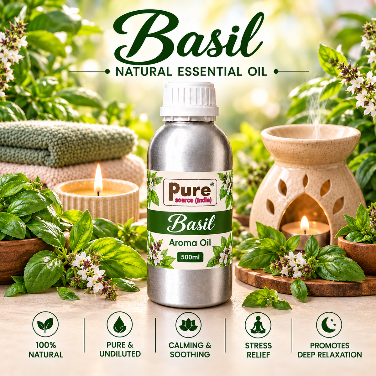 Pure Source India Basil Aroma Oil | Premium Fragrance Oil for Diffuser, Aromatherapy, Meditation, Candles, Soap Making, Humidifier & Home Air Freshener