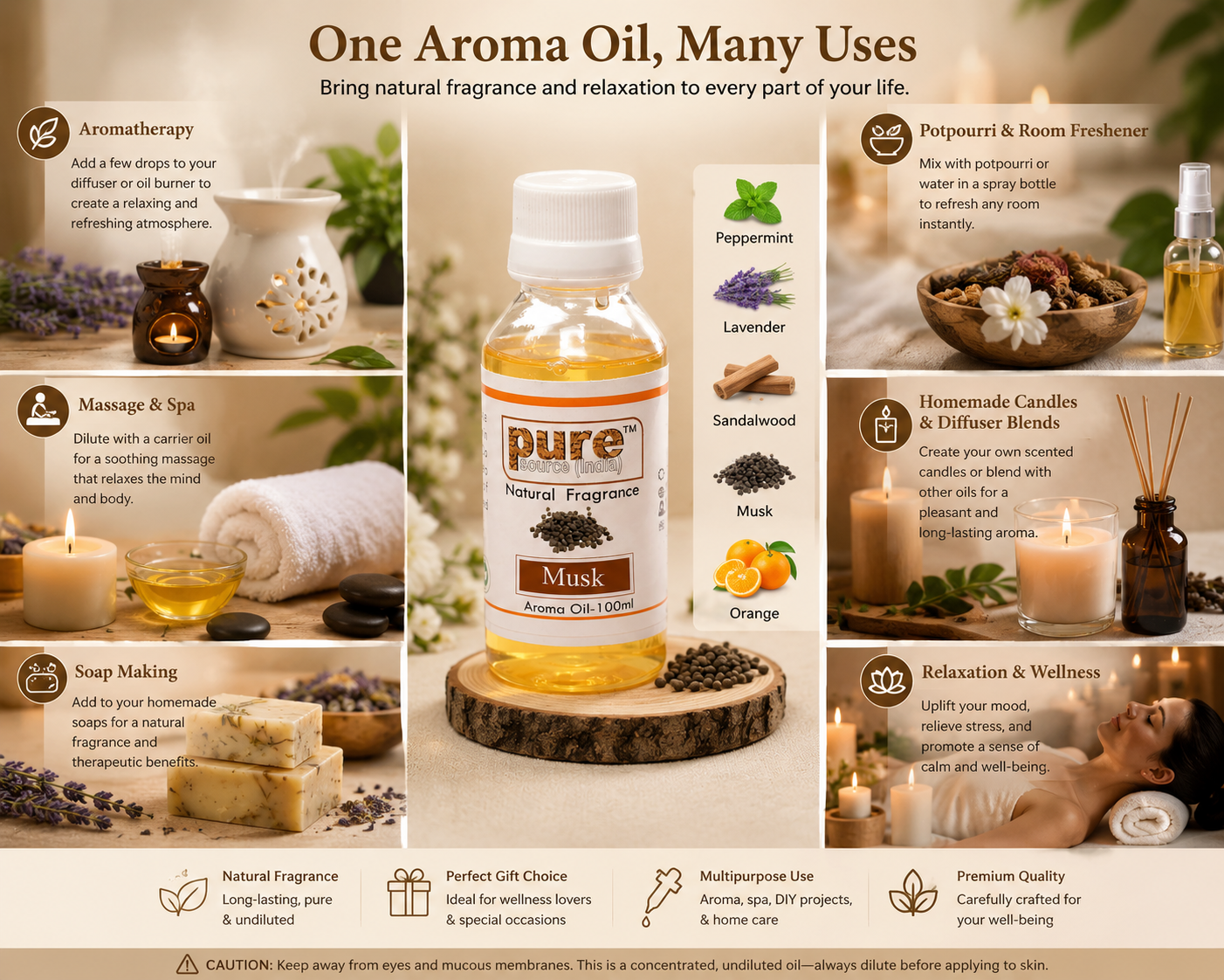 Pure Source India Musk Aroma Oil 100ml – Pure Essential Oil Blend | Undiluted Fragrance Oil for Diffuser, Aromatherapy, Massage, Humidifier, Potpourri, Candle & Soap Making