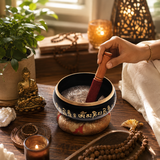 Pure Source India Tibetan Singing Bowl with Striker Stick, 5.75 Inch | OM Design Meditation Bowl | Buddhist Prayer & Sound Therapy Instrument for Meditation, Yoga, Relaxation & Spiritual Practice