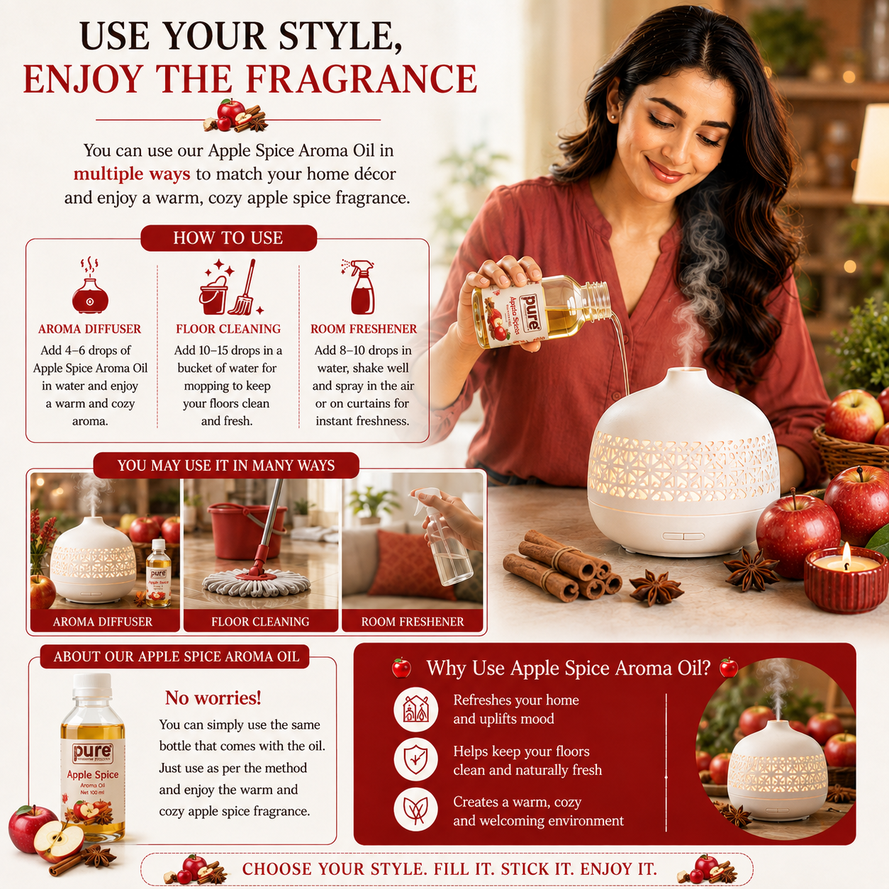 Pure Source India Apple Spice Aroma Oil | Premium Fragrance Oil for Diffuser, Aromatherapy, Meditation, Candles, Soap Making, Humidifier & Home Air Freshener