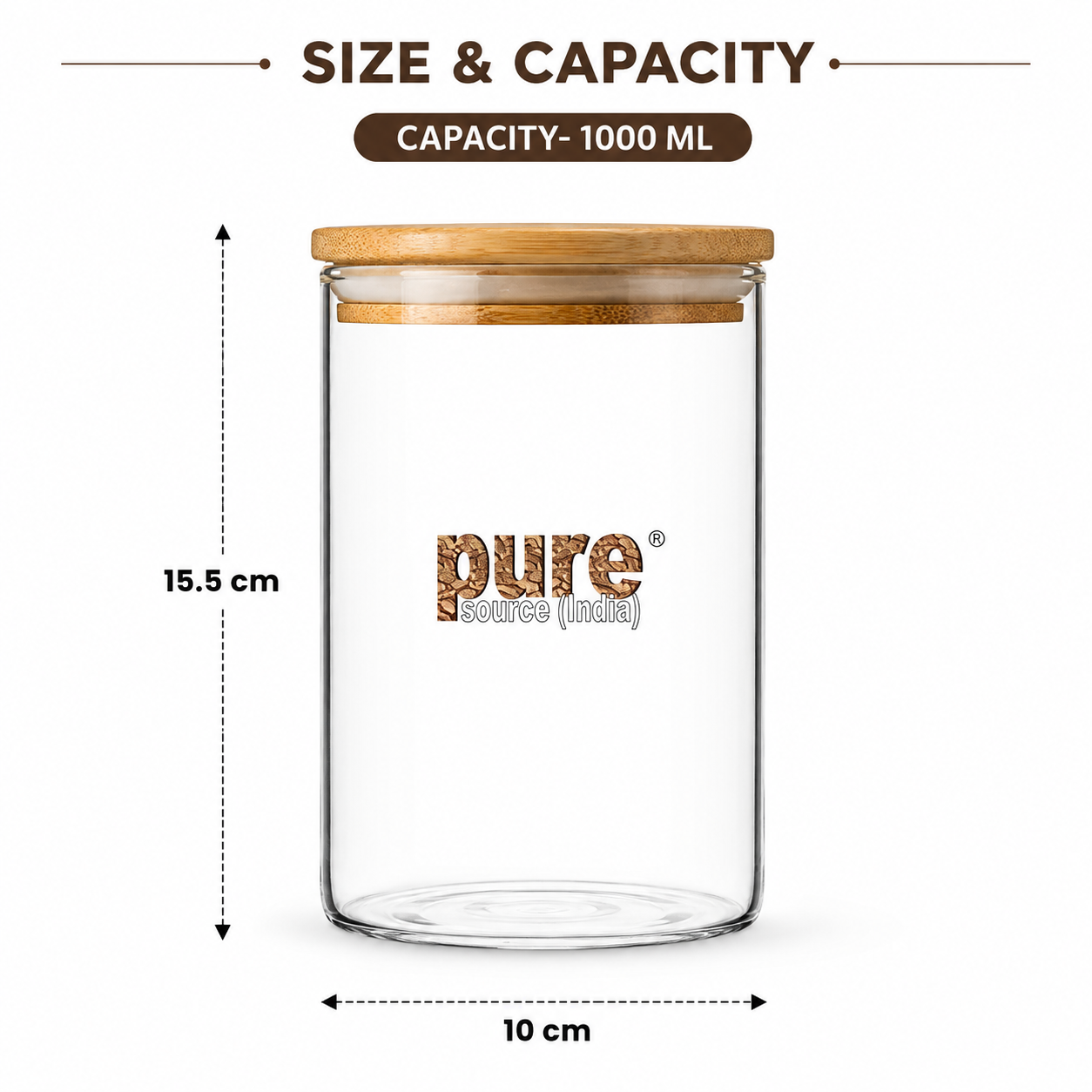 Pure Source India Premium 1 Litre Borosilicate Glass Storage Jar with Airtight Wooden Lid | Food-Safe Clear Container for Honey, Jam, Pickles, Spices, Dry Fruits, Tea, Coffee & Kitchen Pantry Storage