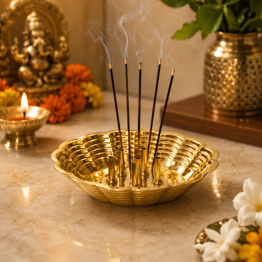 Pure Source India Handcrafted Brass Incense Holder – 5 Stick Burner | Vintage Meditation Decor | Brass Agarbatti Stand for Yoga, Home & Spiritual Use (Nice Gold)