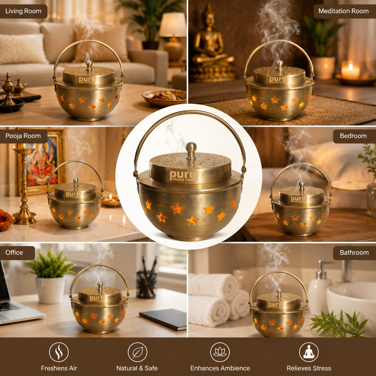 Pure Source India Multipurpose Brass Kapoor Dani, Aroma Diffuser, Incense Burner, Pack of 1