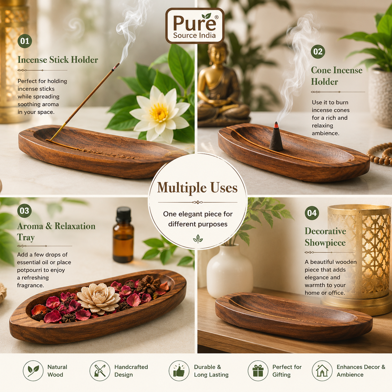 Wooden Incense Holder & Ash Catcher – Handmade Natural Wood Bote Shape Stick Burner with 2 Slots (11 x 3 Inch - 1 Piece) for Home Temple & Meditation