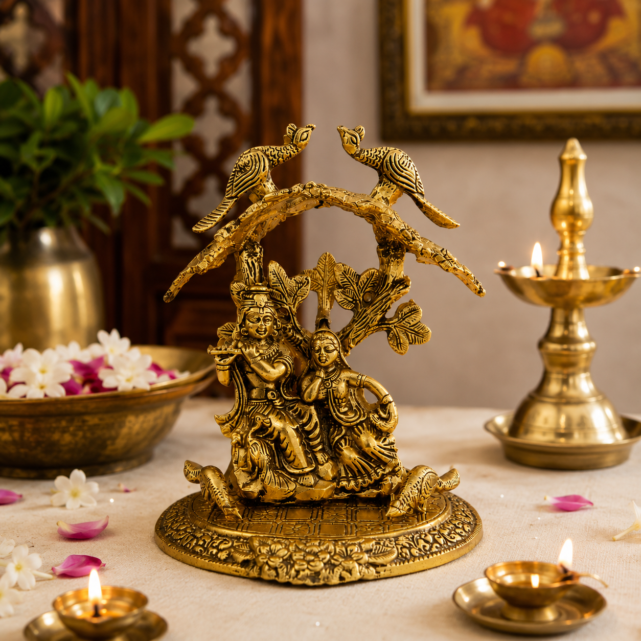 Radha Krishna Brass Look Idol Under Tree with Peacocks, Hindu Spiritual Statue for Home Decor & Gift, 8 Inch