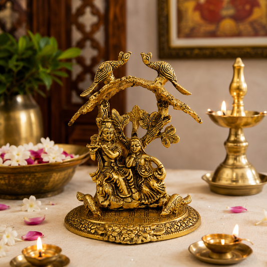 Pure Source India Radha Krishna Brass Look Idol Under Tree with Peacocks, Hindu Spiritual Statue for Home Decor & Gift, 8 Inch
