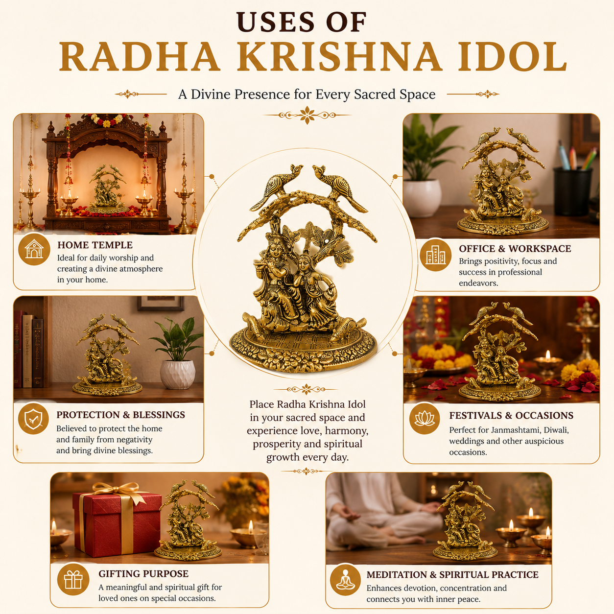 Radha Krishna Brass Look Idol Under Tree with Peacocks, Hindu Spiritual Statue for Home Decor & Gift, 8 Inch