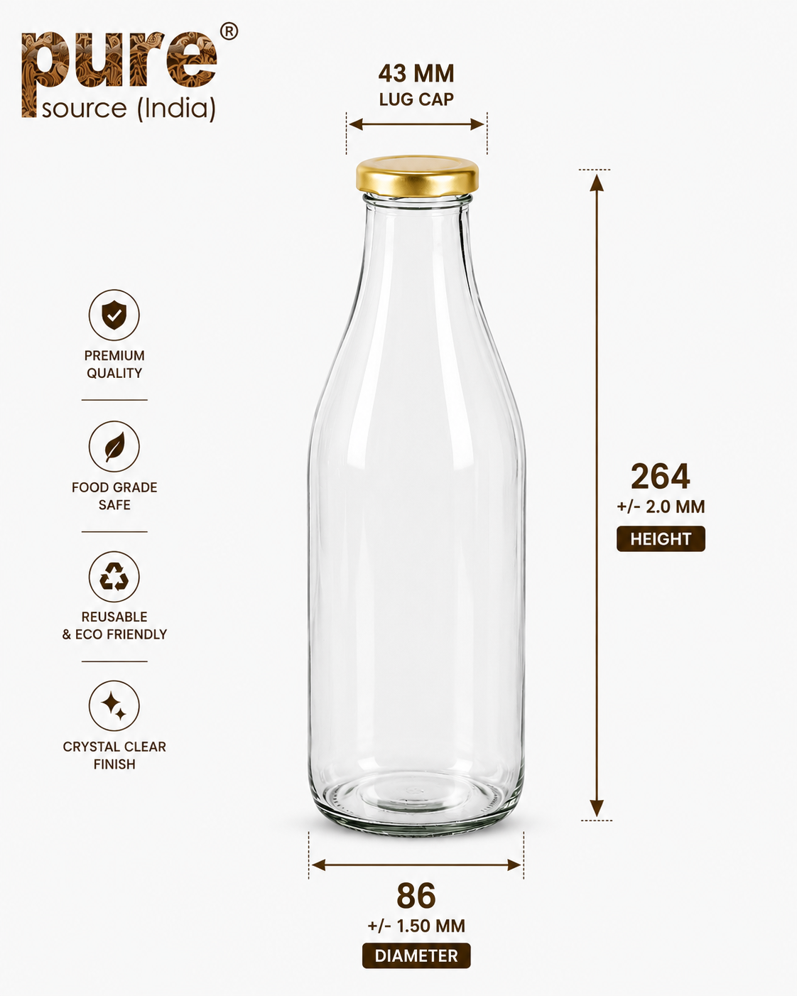 Pure Source India Glass Bottle, 1000ml, Transparent