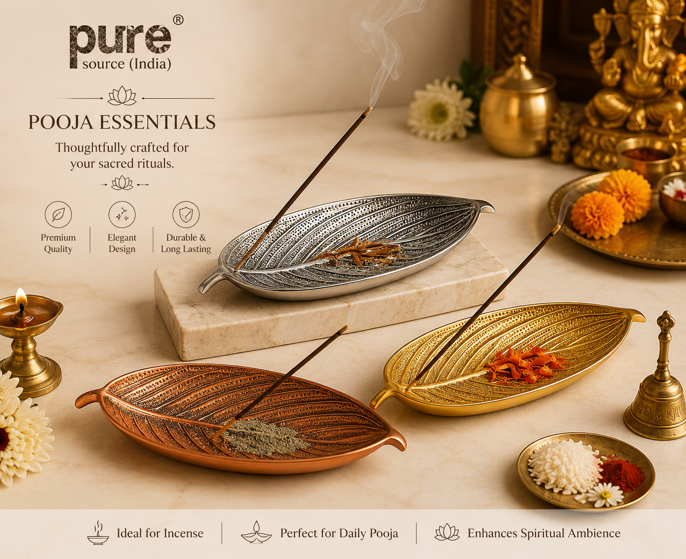Pure Source India Aluminum Agarbatti Stand Incense Holder for Pooja, Ash Catcher, Long Durable Holder for Home Temple Meditation Décor (10 x 3.25 x 2 Inch)