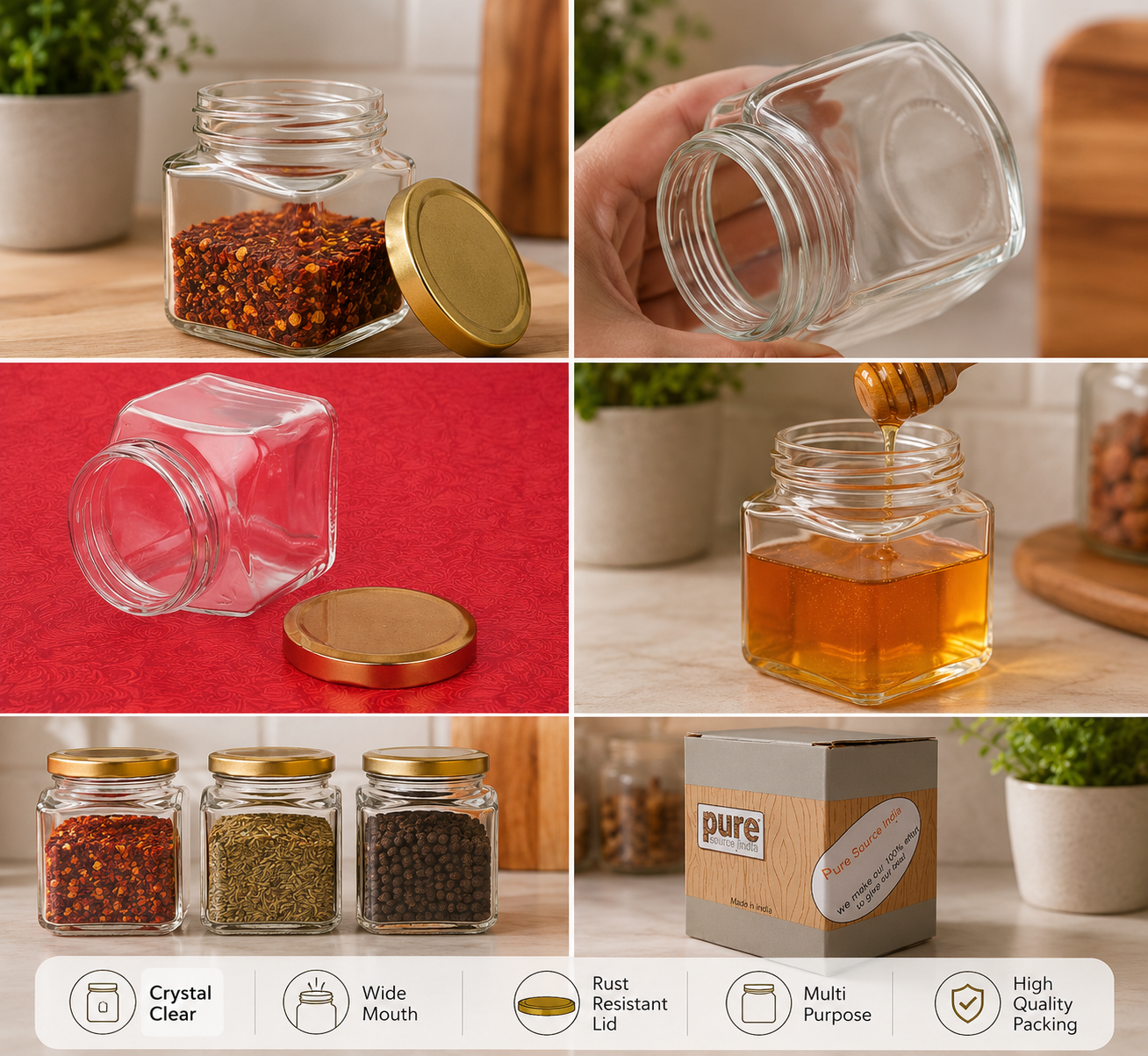 Pure Source India Crystal Clear Glass Jar Container Airtight Food Safe BPA Free, Multi-Purpose Jars – 100 Gm