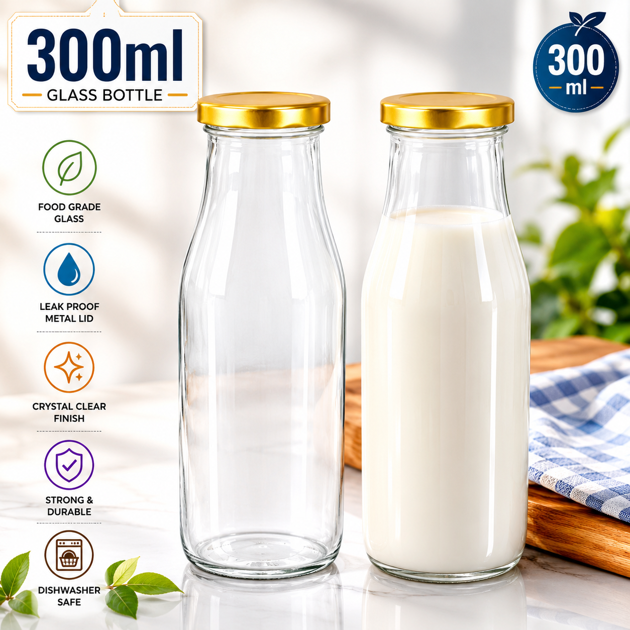 Pure Source India 300 ML Clear Glass Milk, Water and Juice Bottle With Airtight & Leak Proof Cap
