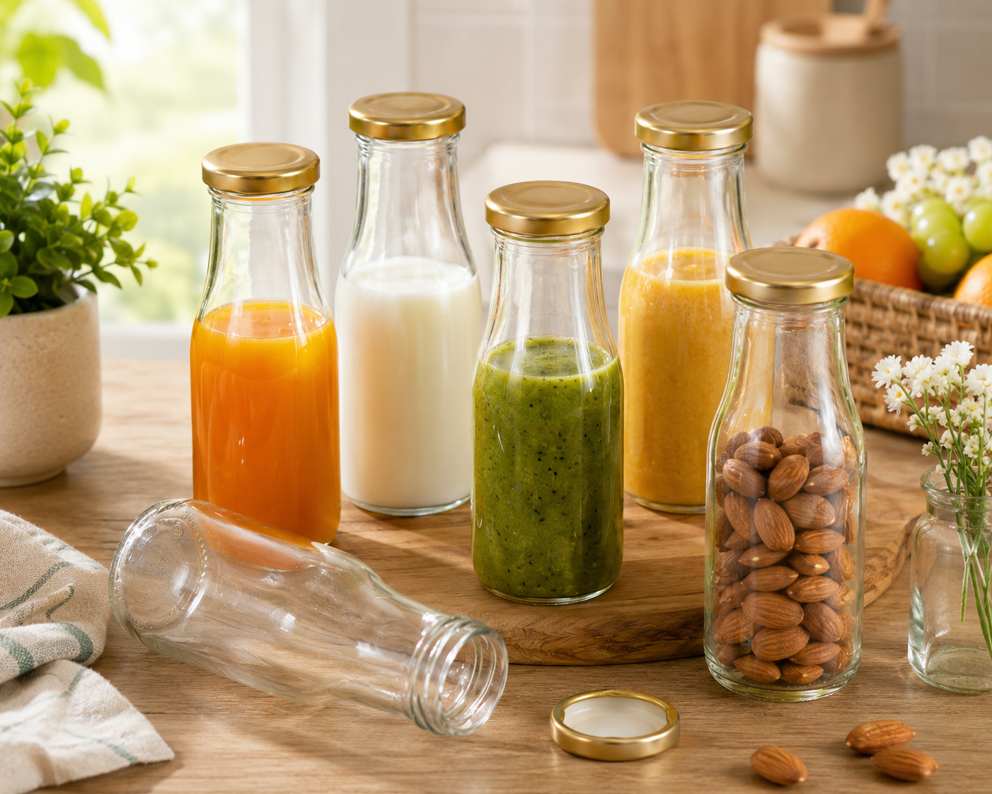 Pure Source India 200 ML Clear Glass Milk, Water and Juice Bottle with Airtight & Leak Proof Cap