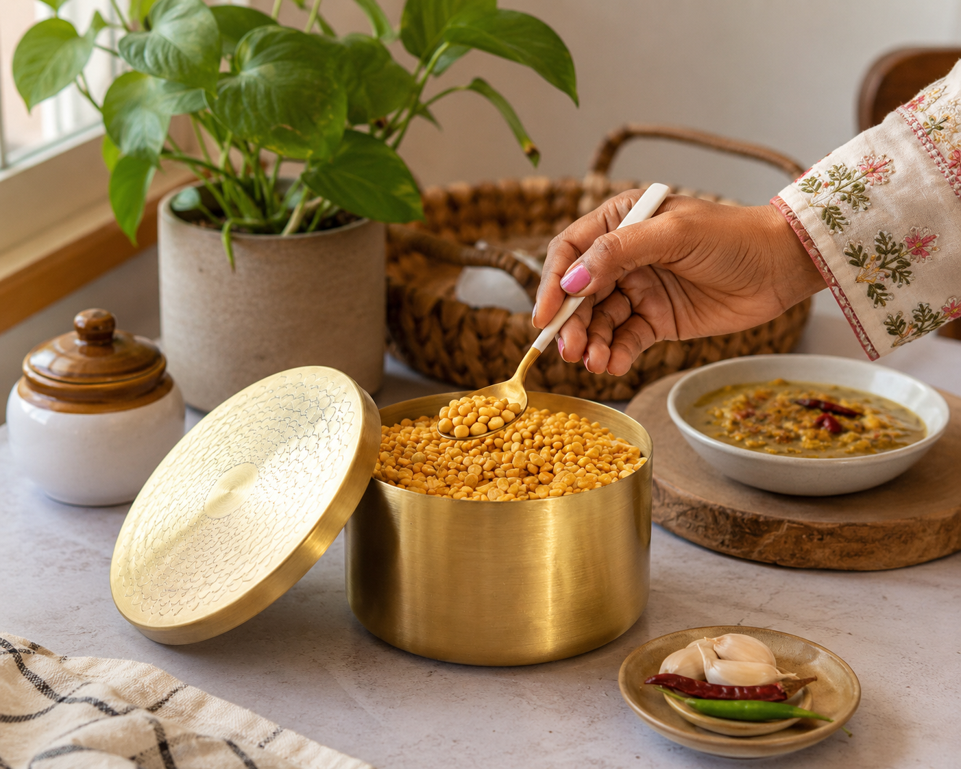 Brass Masala Storage Container for Dry Fruits, Candy, or as a Serving Bowl Decorative, Rustproof & Durable Container (GOLD 1100ML)