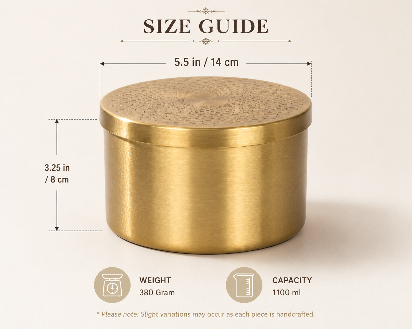 Brass Masala Storage Container for Dry Fruits, Candy, or as a Serving Bowl Decorative, Rustproof & Durable Container (GOLD 1100ML)