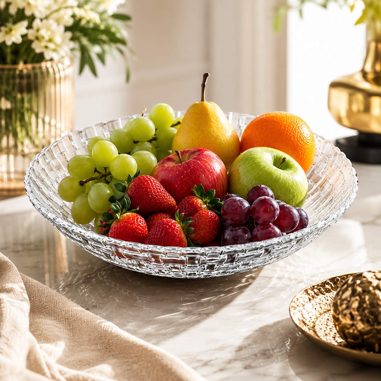 Pure Source India Glass Floral Fruit Bowl for Dining Table Decoration, Home Decor & Gifting Purpose- 1 Piece, Transparent, 10 Inch