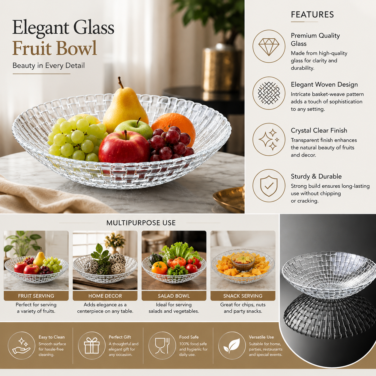 Pure Source India Glass Floral Fruit Bowl for Dining Table Decoration, Home Decor & Gifting Purpose- 1 Piece, Transparent, 10 Inch
