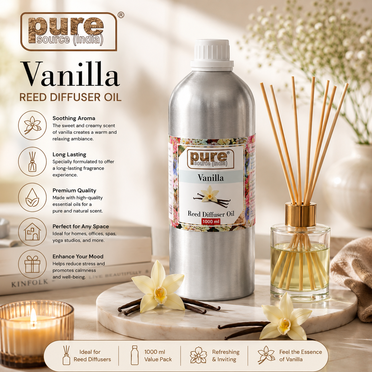 Pure Source (India) 1 Liter Reed Diffuser Oil for Home, Bedroom, Living Room & Office, Liquid