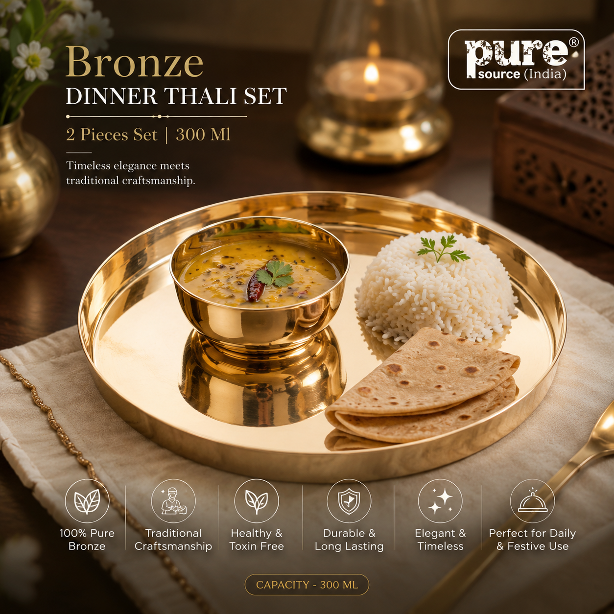 Dinner Thali Set , Bronze - 2 Pieces ,300 Ml