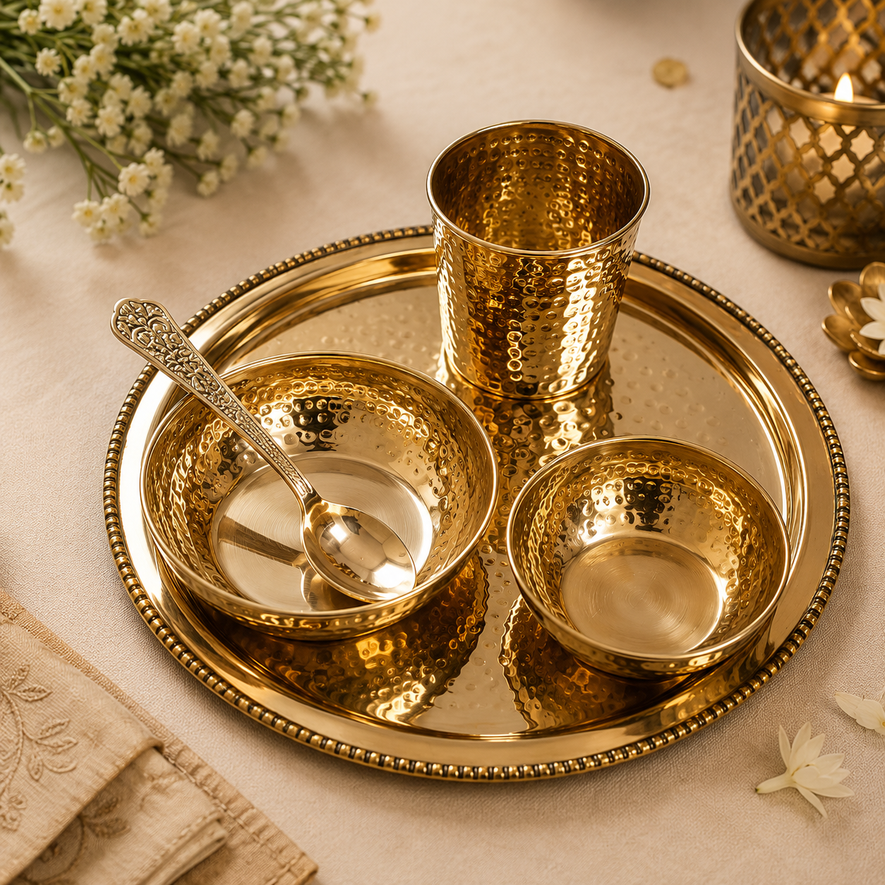 Brass Solid Dinner Thali Set - 5 Pieces, Gold