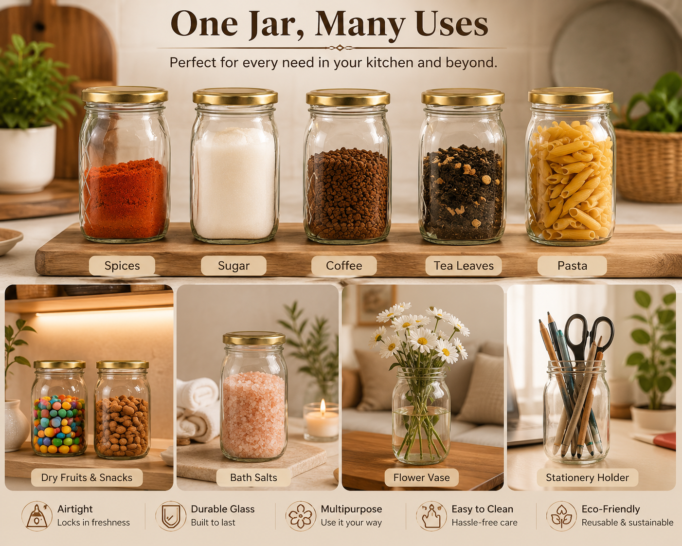 Square Glass Storage Jar 250gm with Golden Lid | Airtight Kitchen Containers for Spices, Pulses, Sugar & Dry Fruits