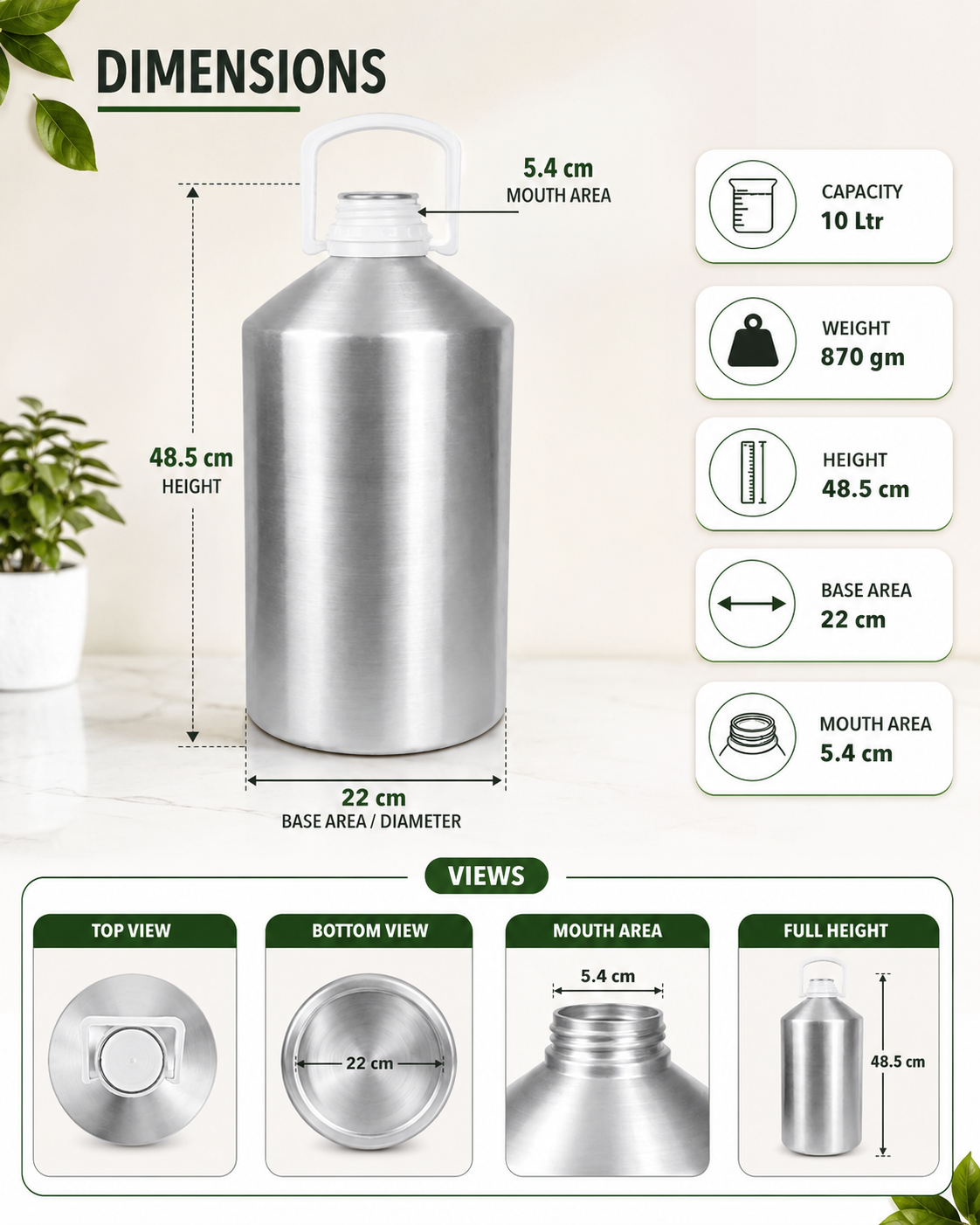 Aluminum Empty Bottle 10 Ltr. with Inner Lid & Cap – Ideal for Essential Oils, Oil Blends, Cosmetics and Liquid Storage