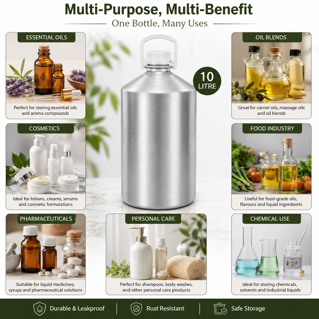 Aluminum Empty Bottle 10 Ltr. with Inner Lid & Cap – Ideal for Essential Oils, Oil Blends, Cosmetics and Liquid Storage