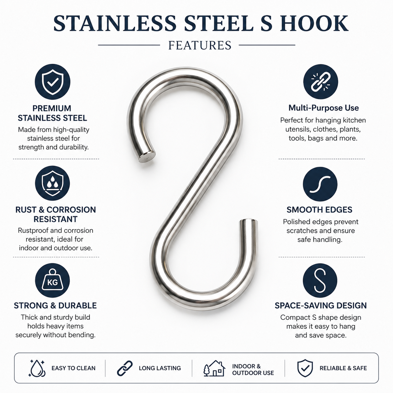 Stainless Steel S Hook, 2 Pieces, Silver